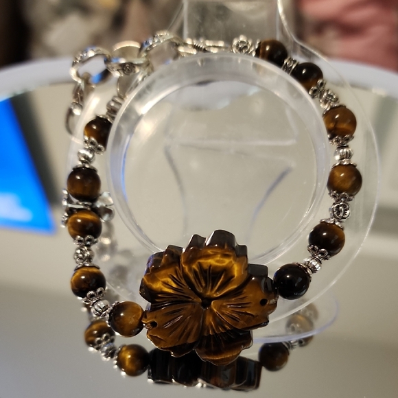 Jewelry - Tiger Eye Beaded Bracelet with Floral Accent